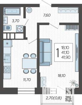 1-к квартира, строящийся дом, 42м2, 1/12 этаж