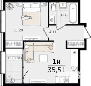 1-к квартира, вторичка, 36м2, 6/18 этаж