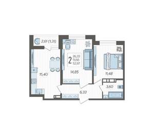 2-к квартира, вторичка, 53м2, 7/12 этаж