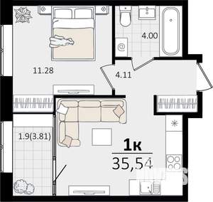 1-к квартира, строящийся дом, 36м2, 7/13 этаж