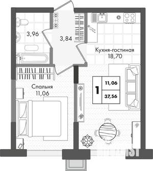 1-к квартира, вторичка, 38м2, 7/9 этаж