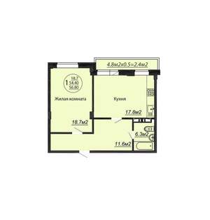 1-к квартира, вторичка, 57м2, 6/6 этаж