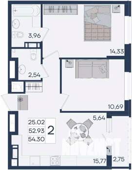 2-к квартира, вторичка, 54м2, 18/18 этаж