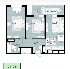 2-к квартира, вторичка, 58м2, 7/18 этаж