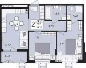 2-к квартира, строящийся дом, 60м2, 2/9 этаж