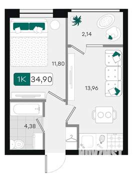 1-к квартира, вторичка, 35м2, 3/9 этаж