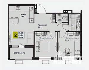 2-к квартира, вторичка, 59м2, 2/9 этаж