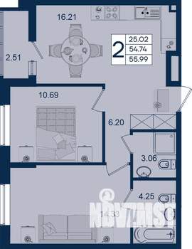 2-к квартира, вторичка, 56м2, 2/18 этаж