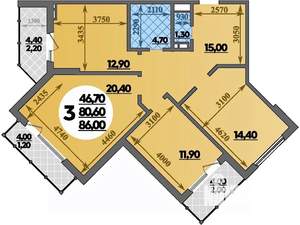 3-к квартира, строящийся дом, 86м2, 7/22 этаж