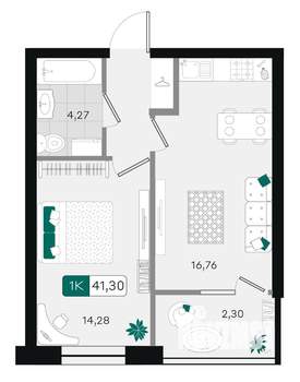 1-к квартира, вторичка, 41м2, 7/9 этаж