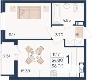 1-к квартира, вторичка, 36м2, 6/18 этаж