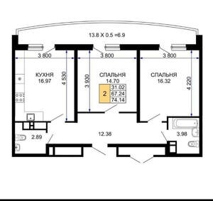 2-к квартира, сданный дом, 74м2, 2/25 этаж