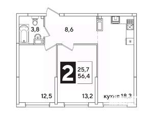 2-к квартира, вторичка, 56м2, 12/16 этаж