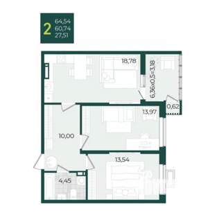 2-к квартира, вторичка, 64м2, 12/21 этаж