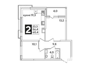 2-к квартира, вторичка, 60м2, 13/16 этаж