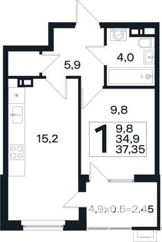 1-к квартира, вторичка, 37м2, 2/4 этаж