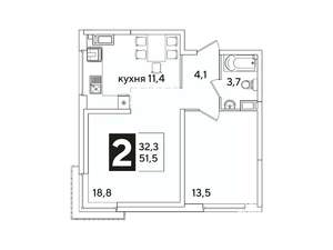 2-к квартира, вторичка, 52м2, 11/16 этаж