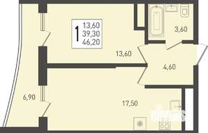 1-к квартира, строящийся дом, 46м2, 21/24 этаж
