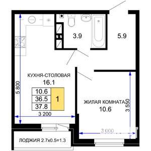 1-к квартира, вторичка, 38м2, 13/16 этаж