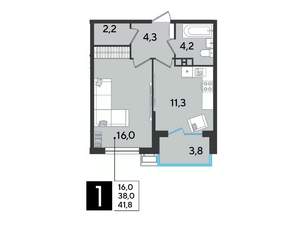 1-к квартира, строящийся дом, 42м2, 5/9 этаж