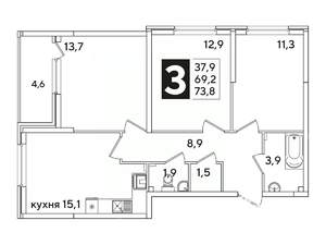 3-к квартира, вторичка, 73м2, 3/16 этаж