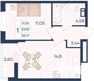 1-к квартира, вторичка, 35м2, 9/18 этаж