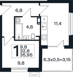 1-к квартира, вторичка, 36м2, 2/4 этаж