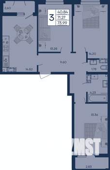 3-к квартира, строящийся дом, 74м2, 15/18 этаж