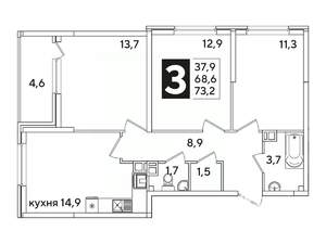 3-к квартира, вторичка, 73м2, 8/16 этаж