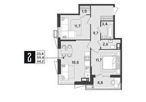 2-к квартира, строящийся дом, 64м2, 18/18 этаж