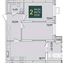 2-к квартира, сданный дом, 65м2, 5/21 этаж