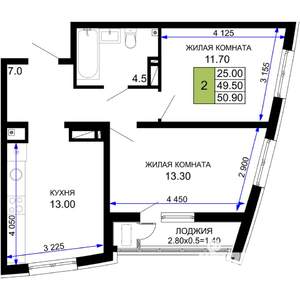 2-к квартира, строящийся дом, 51м2, 16/18 этаж