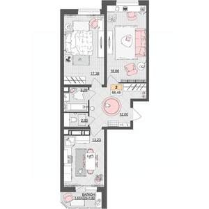 2-к квартира, строящийся дом, 68м2, 18/19 этаж