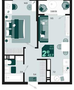 2-к квартира, вторичка, 43м2, 3/18 этаж