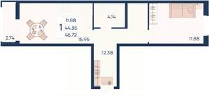 1-к квартира, вторичка, 46м2, 2/18 этаж