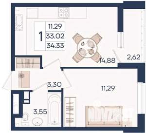 1-к квартира, вторичка, 34м2, 9/18 этаж