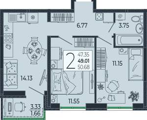 2-к квартира, вторичка, 49м2, 11/21 этаж
