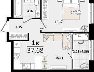 1-к квартира, вторичка, 38м2, 12/13 этаж