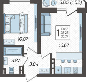 1-к квартира, строящийся дом, 37м2, 22/23 этаж