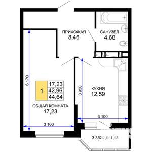 1-к квартира, вторичка, 45м2, 16/19 этаж
