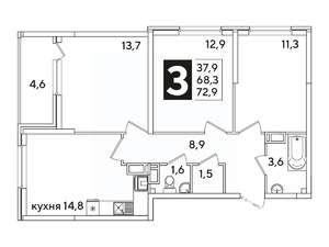 3-к квартира, вторичка, 73м2, 12/16 этаж