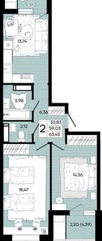2-к квартира, вторичка, 63м2, 8/18 этаж