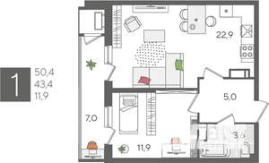 1-к квартира, вторичка, 50м2, 24/24 этаж