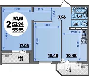2-к квартира, строящийся дом, 56м2, 14/16 этаж