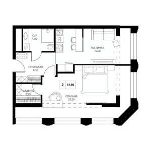 2-к квартира, вторичка, 52м2, 5/19 этаж