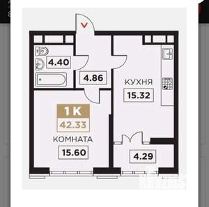 1-к квартира, вторичка, 43м2, 3/25 этаж