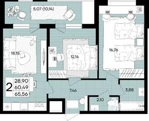 2-к квартира, вторичка, 66м2, 1/18 этаж