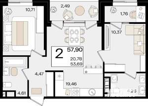2-к квартира, вторичка, 58м2, 2/18 этаж