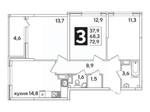 3-к квартира, вторичка, 73м2, 12/16 этаж