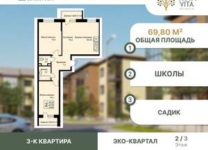 3-к квартира, вторичка, 70м2, 2/3 этаж